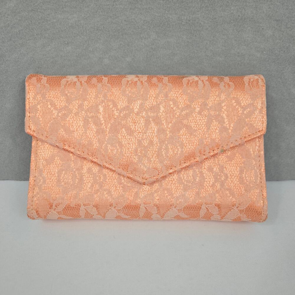 Peach Satin & Lace Covered Clutch Snap Closure Purse with Chain Shoulder Strap